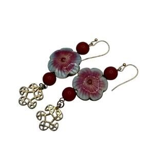 Vintage Chinese Cloisonné Enamel Flower Pattern Drop Earrings Style 7